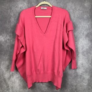 Zara Knit Pink Ruffled Sweater Pullover‎ Soft Cozy Top Oversized Size Small